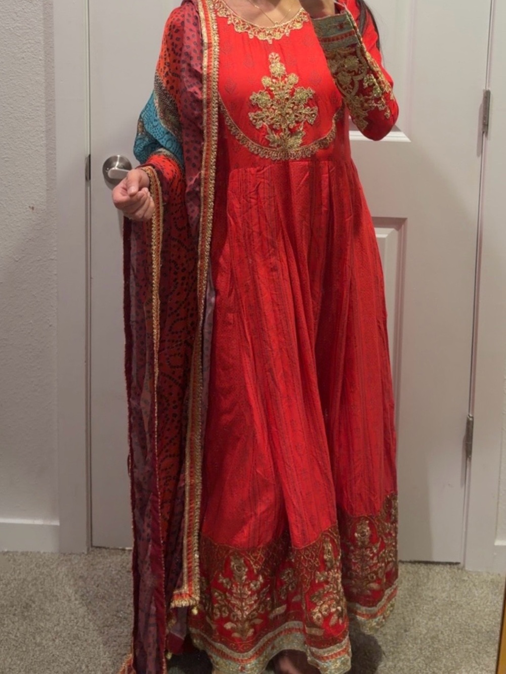 Red Embroidered Anarkali Dress with Gold Detailing